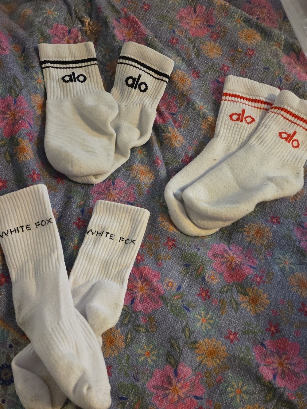 ALO Yoga White Crew Socks with Black and Red Stripe Accents